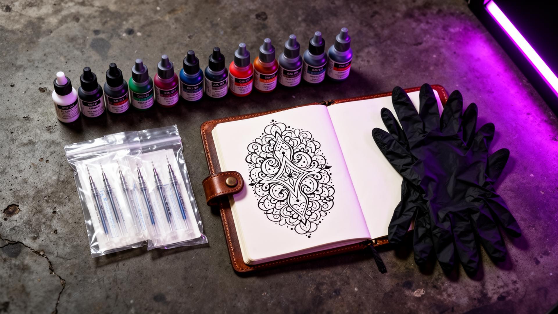 Tattoo workstation flatlay with ink, needles, sketchbook
