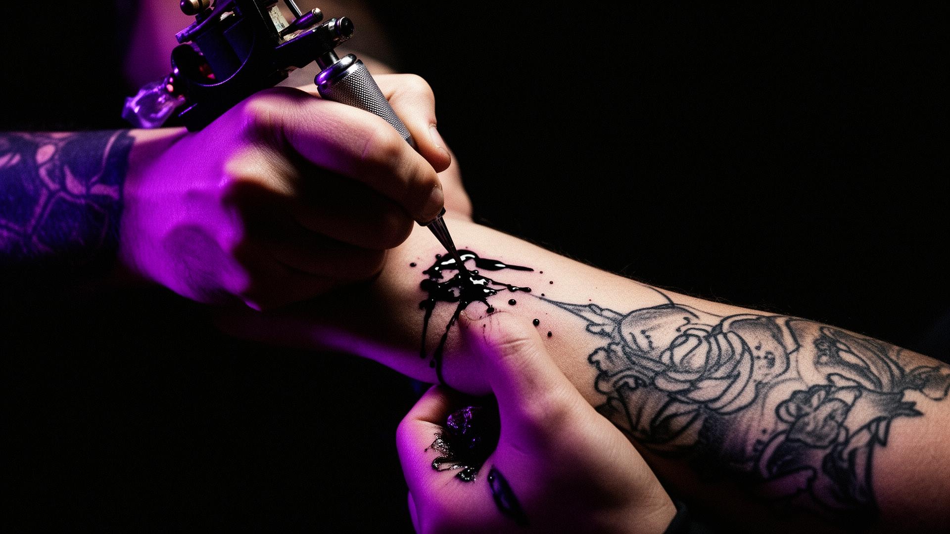 Tattoo artist hands with machine, ink and violet rim light