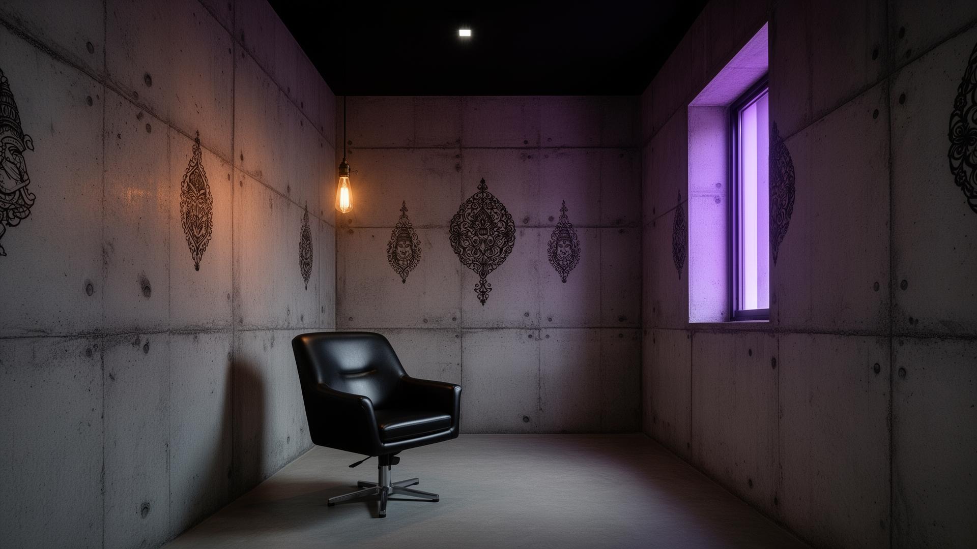 Minimalist concrete tattoo studio interior with single chair